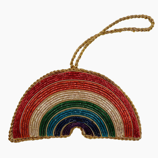 Image of a rainbow Christmas ornament with intricate beadwork.
