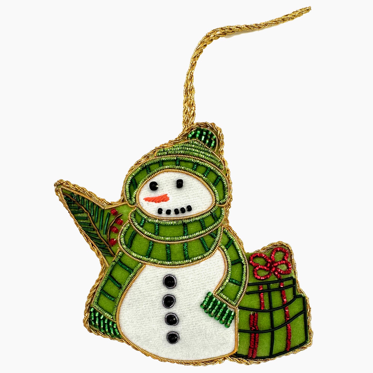 Image of a snowman with presents Christmas ornament with intricate beadwork. 