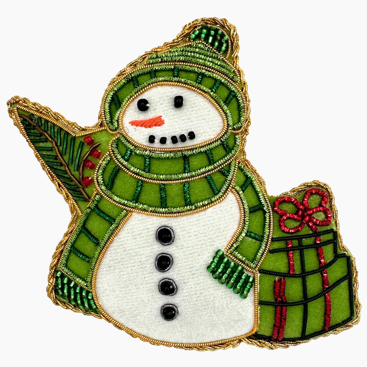 Image of a snowman with presents Christmas ornament with intricate beadwork. 