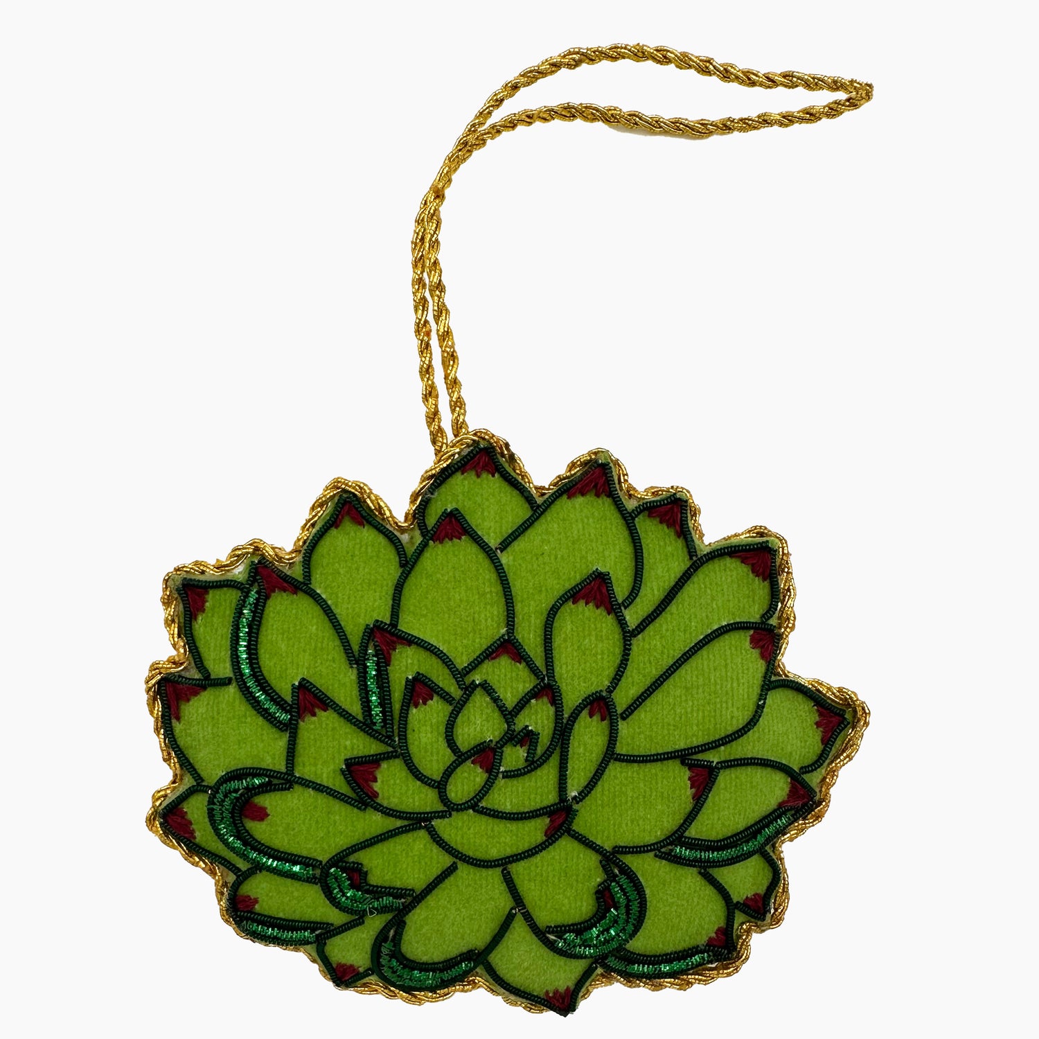 Image of a succulent Christmas ornament with intricate beadwork. 