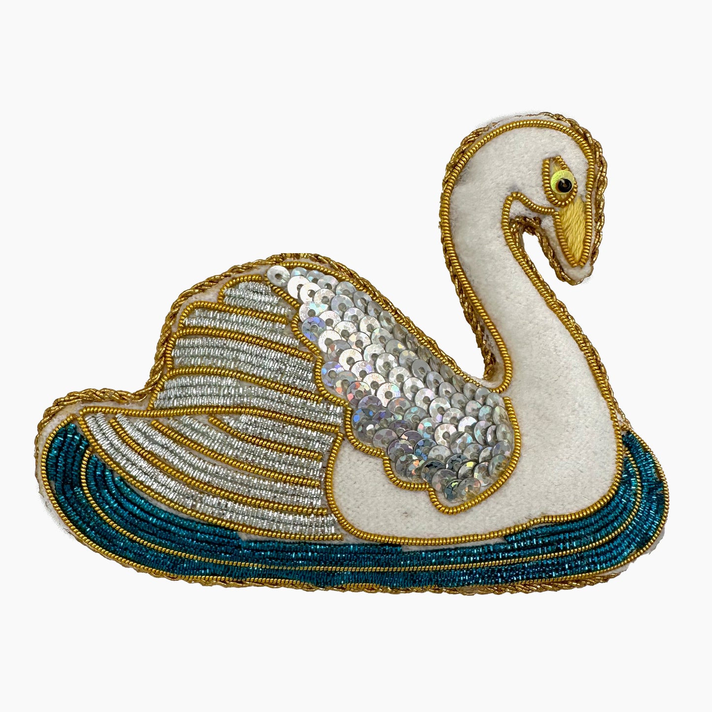 Image of a swan Christmas ornament with ornate beadwork.