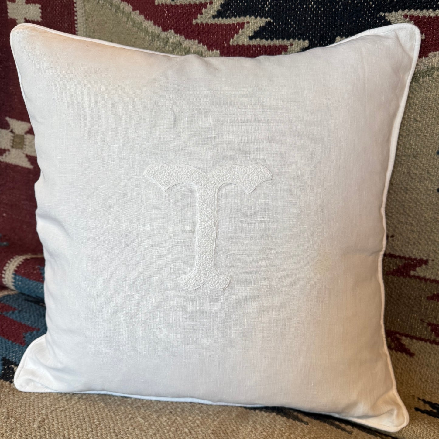 Nouveau Monogram White Linen Pillow Cover