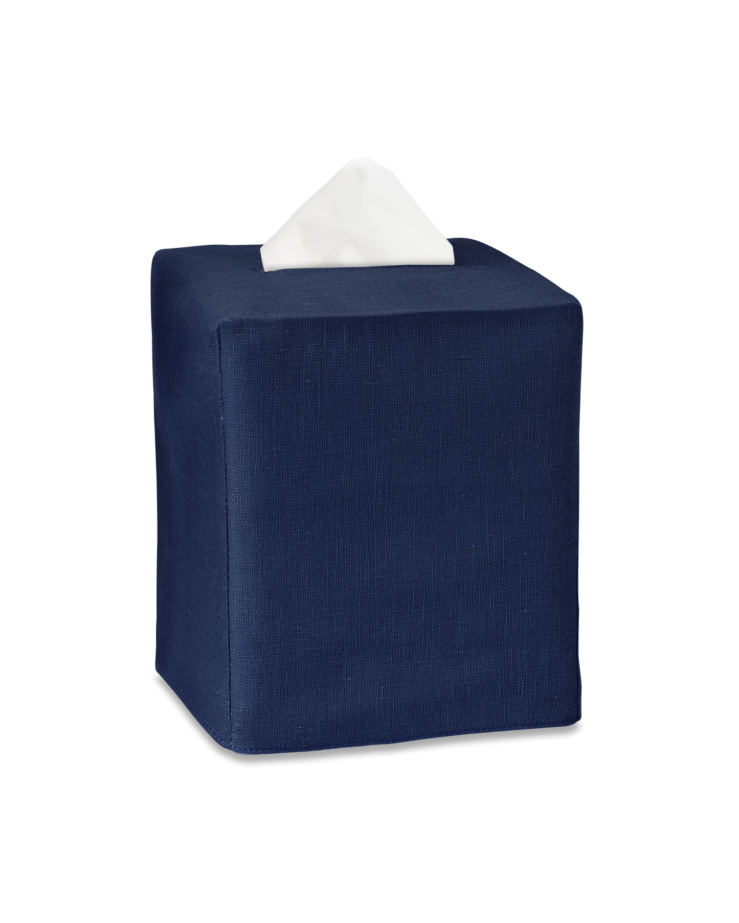 A navy linen tissue box cover