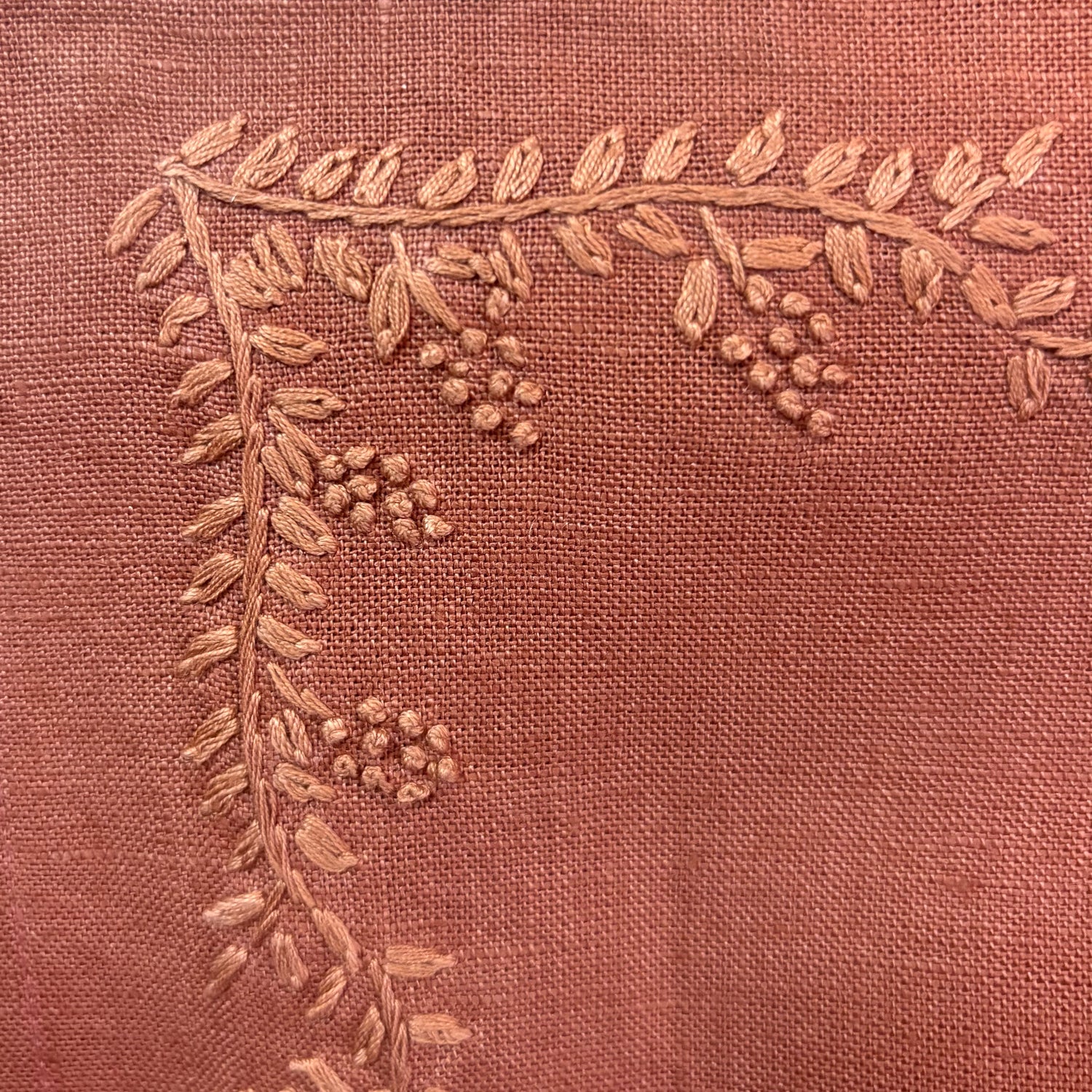Close-up of a terracotta pink woven fabric with a raised embroidered botanical pattern of leaves and berry clusters in a matching warm tan thread.
