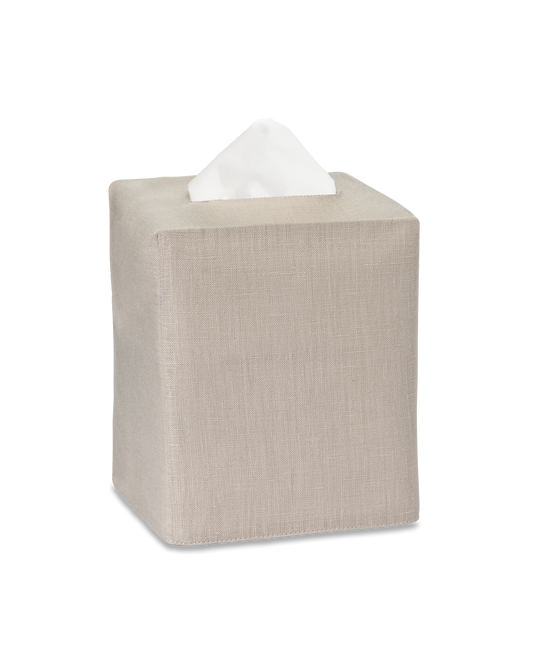 A taupe linen tissue box cover