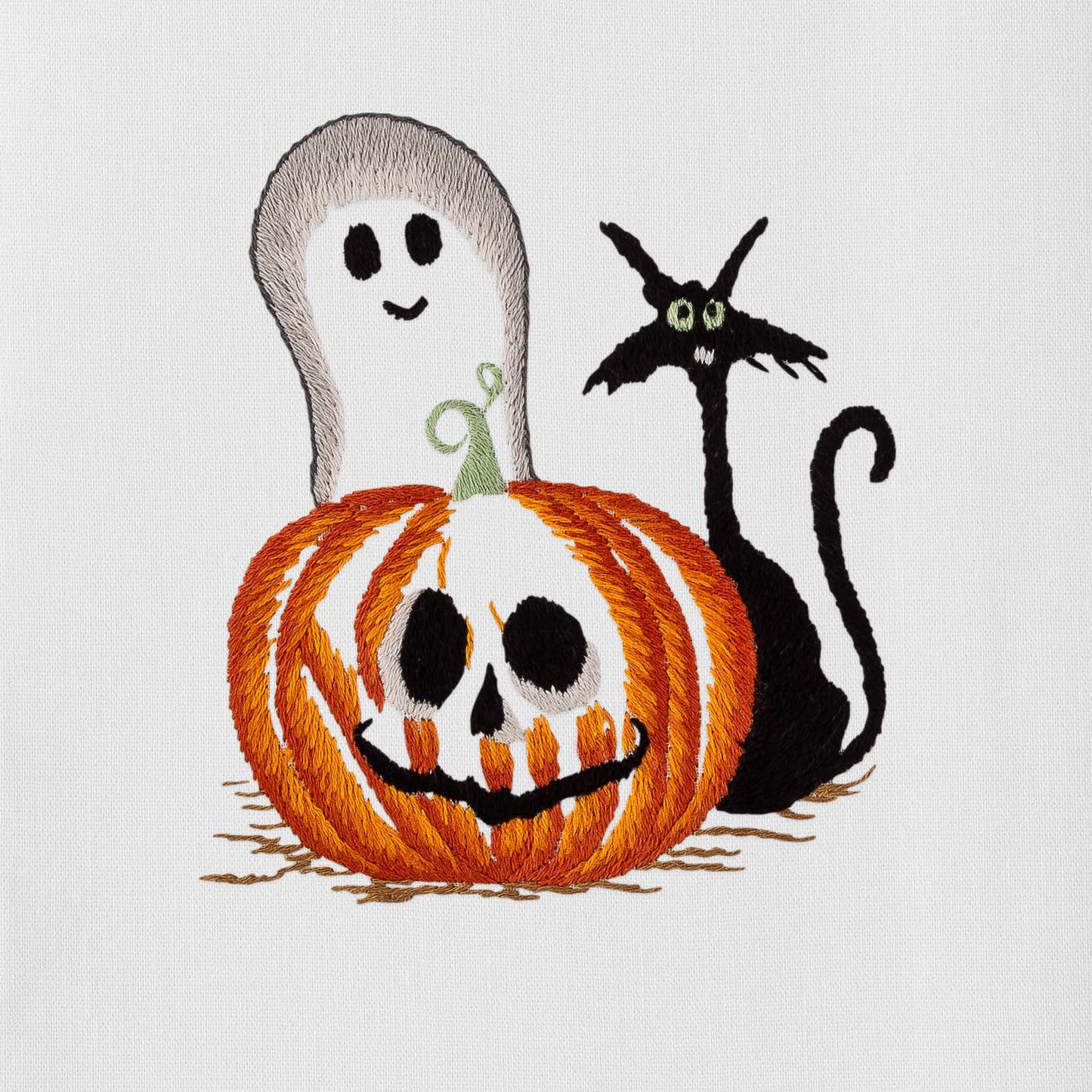 A black cat and a ghost are embroidered on the Henry Handwork Halloween Friends Hand Towel.