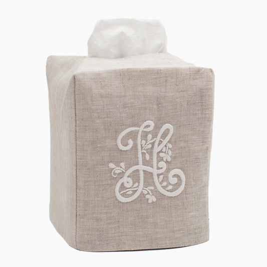 Meadow Monogram Tissue Box Cover - White on Natural