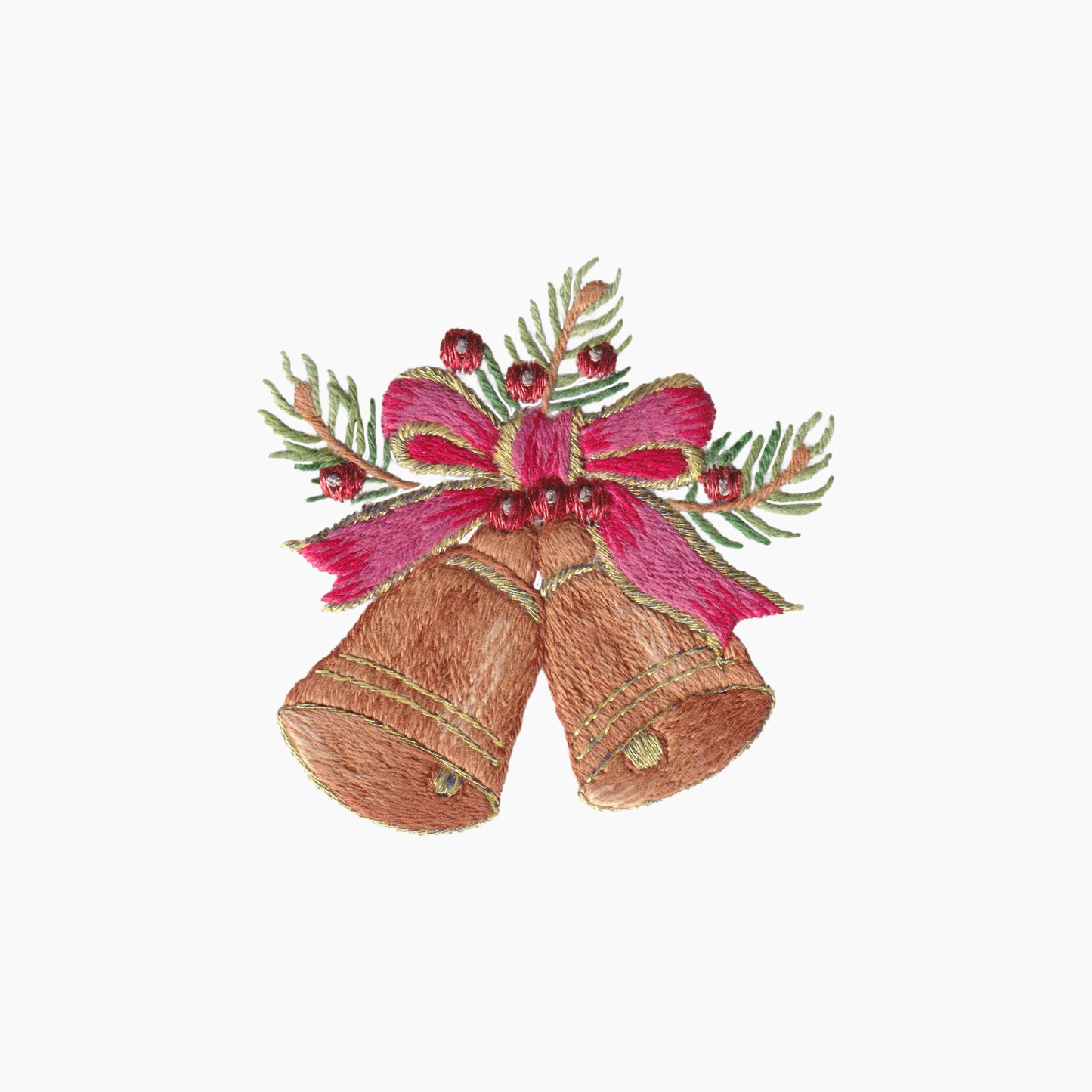 Hand embroidered cotton boutique tissue box cover of two brown bells with a pink bow and greenery on a white background