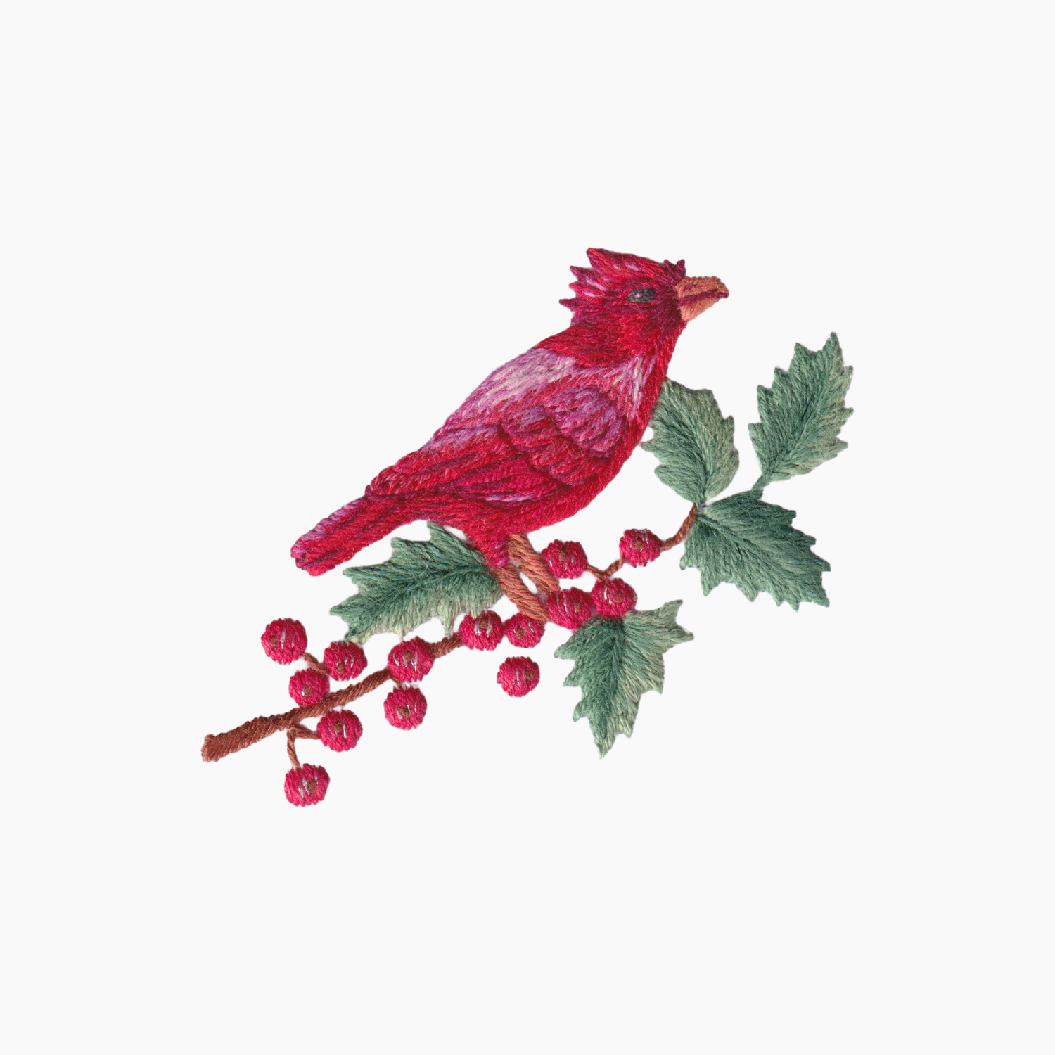 Hand embroidered cotton boutique tissue box cover of ted cardinal bird on a branch with berries and leaves on a white background