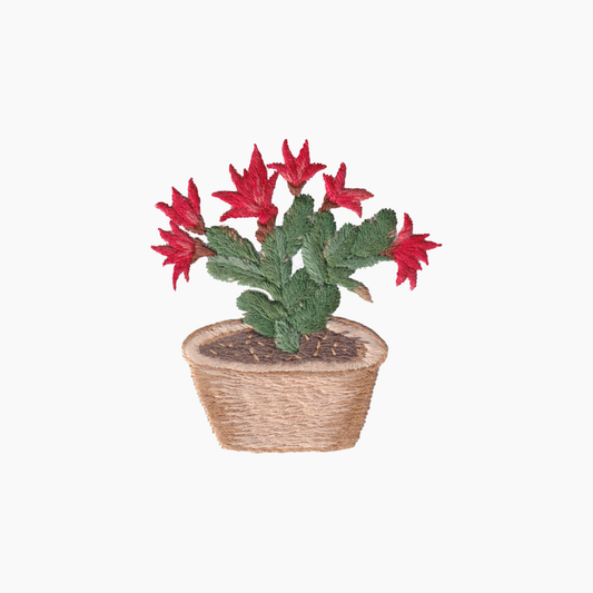 Hand embroidered cotton boutique tissue box cover of totted Christmas cactus with red flowers on a white background