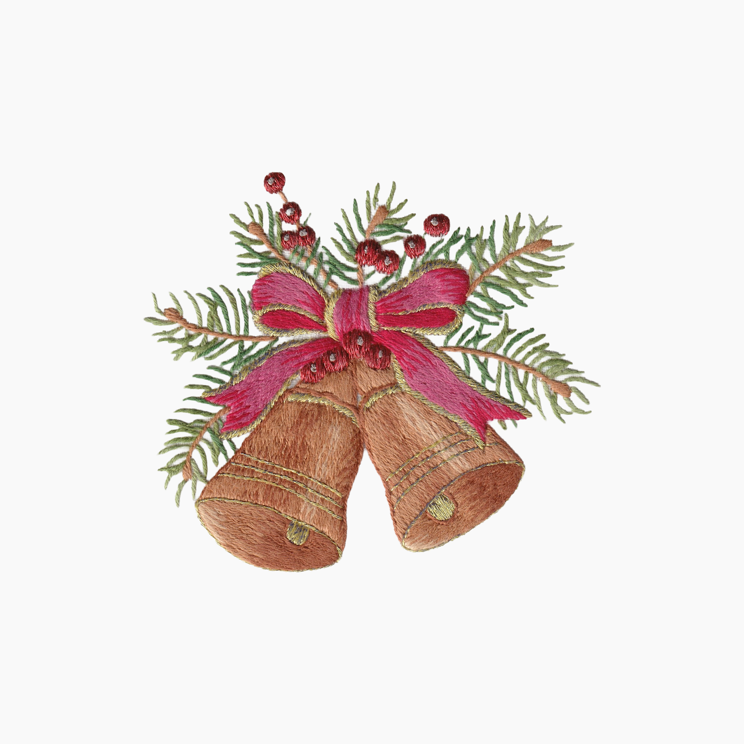 Hand embroidered cotton towel with  two brown bells, a red and gold bow, and greenery on a white background