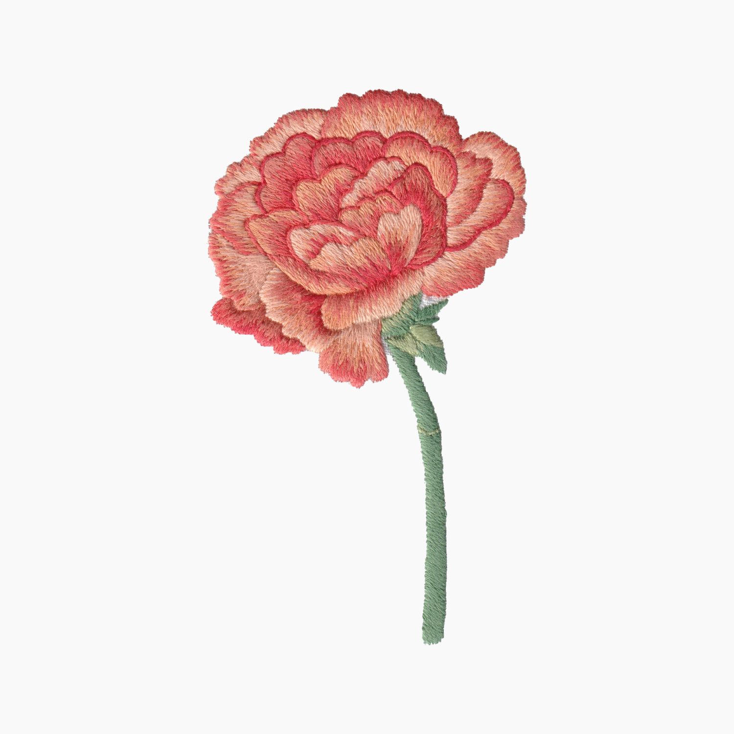 Hand embroidered cotton towel with red and orange carnation flower design on a white background