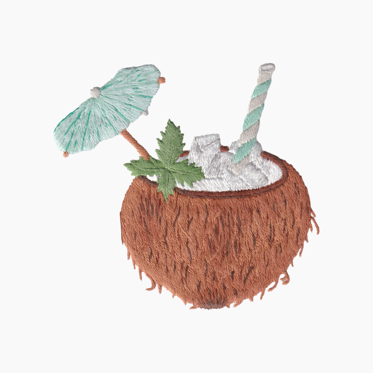Hand embroidered cotton towel with coconut cocktail drink, umbrella, and straw on a white background