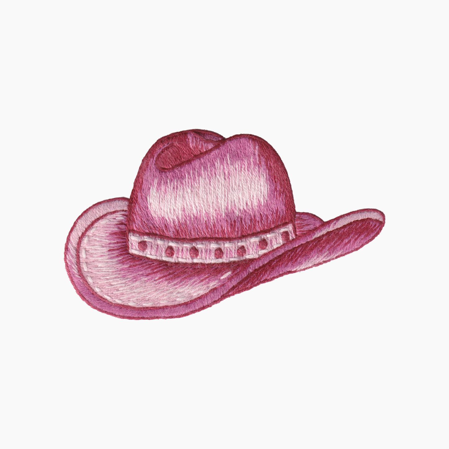 Hand embroidered cotton towel with pink cowgirl hat with a band on a white background