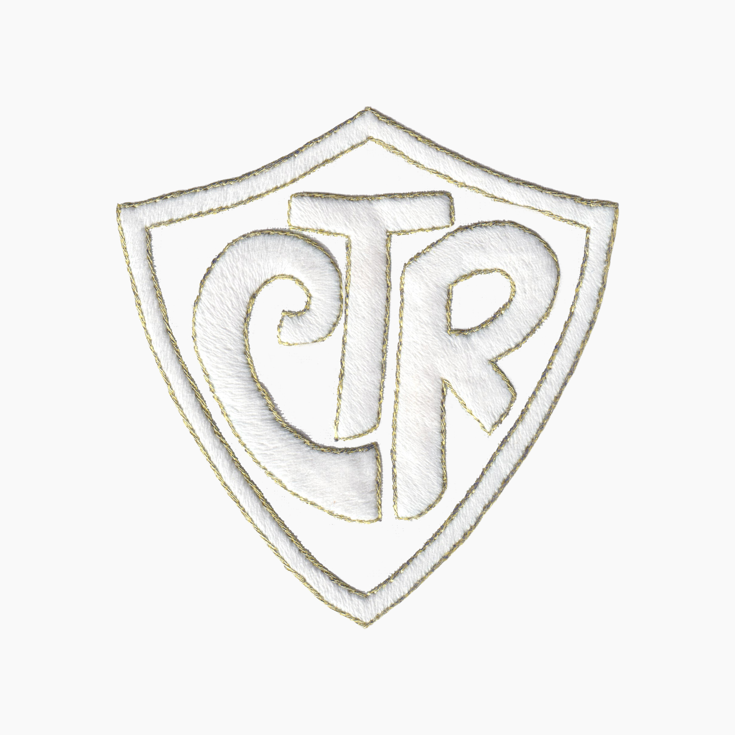 Hand embroidered cotton towel of logo with initials 'CTR' on a shield shape background