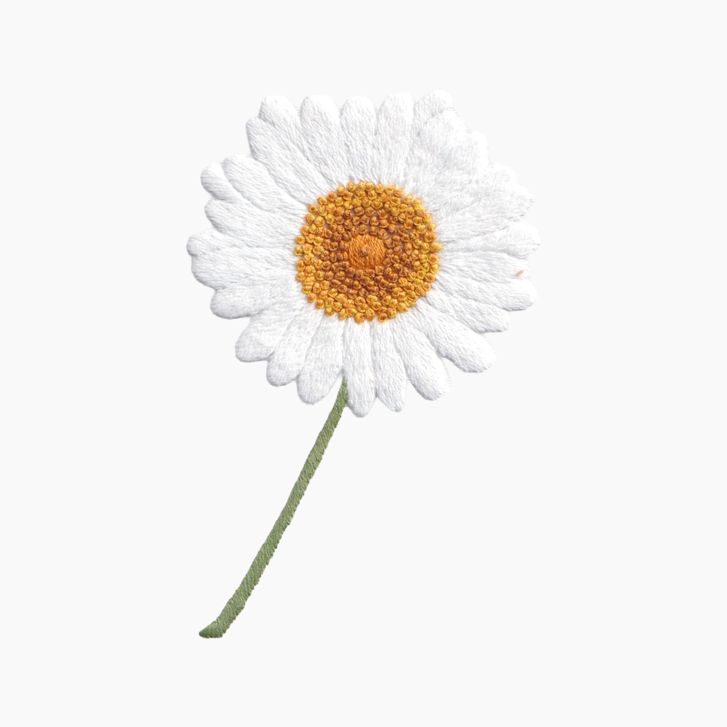 Hand embroidered cotton towel with white daisy flower with a yellow center on a white background