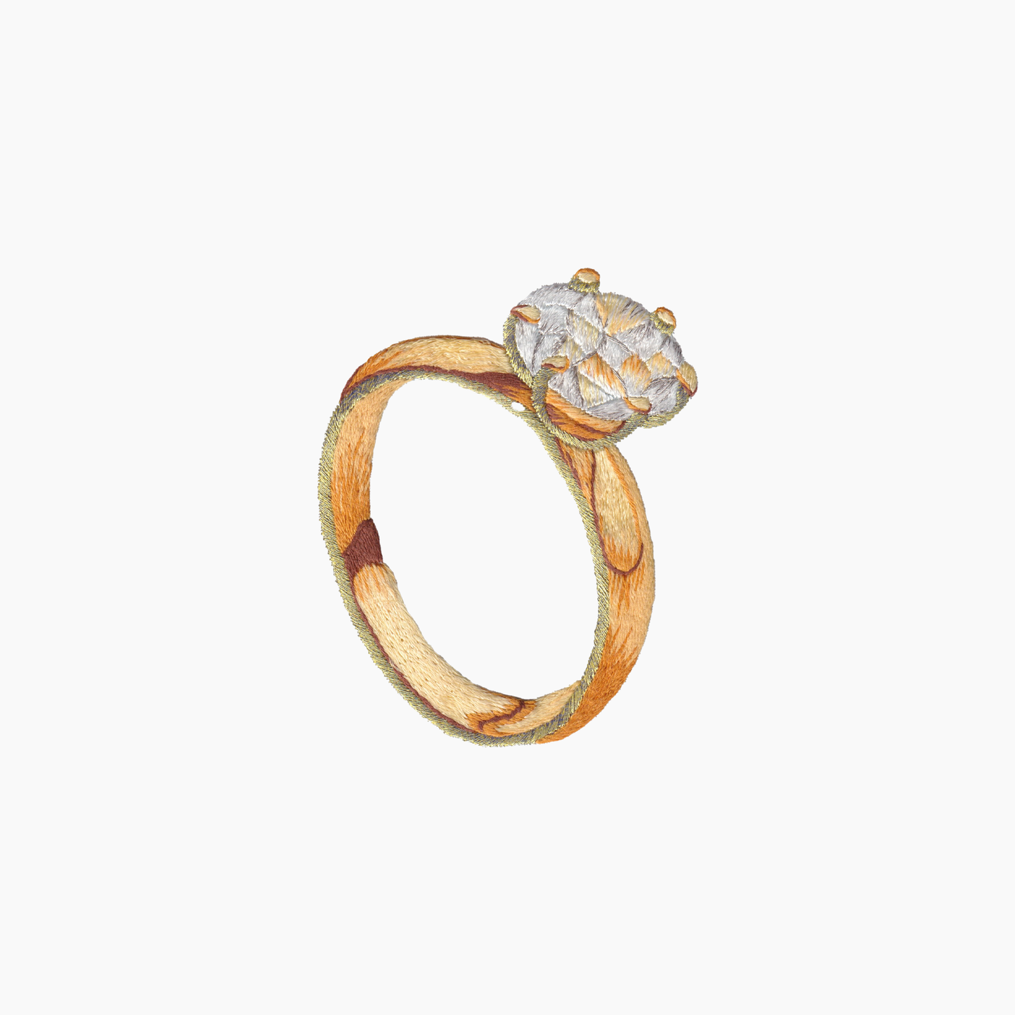 Hand embroidered cotton towel of told ring with a diamond on a white background