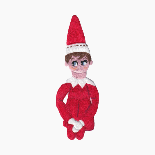 Hand embroidered cotton towel of elf ib the shelf doll with red and white outfit on a white background