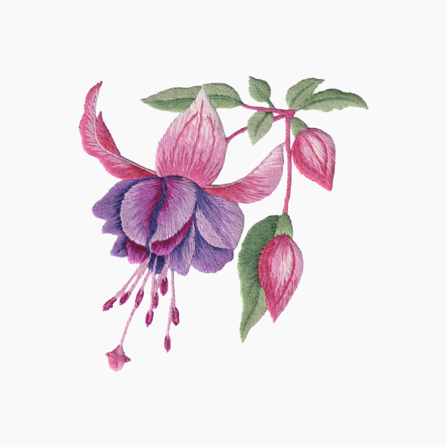 Hand embroidered cotton towel of a pink and purple fuchsia flower with green leaves on a white background