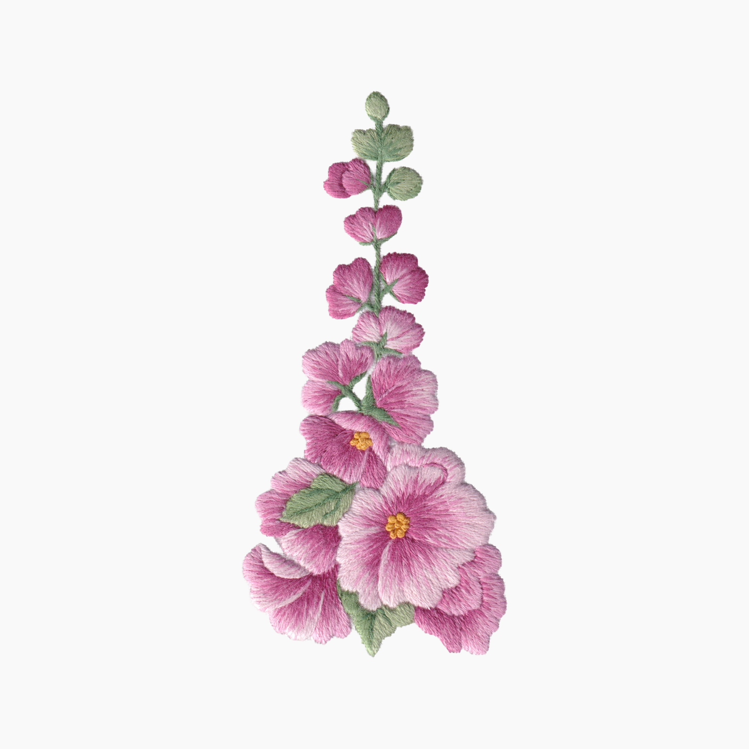 Hand embroidered cotton towel of floral design with pink hollyhock flowers and green leaves on a white background