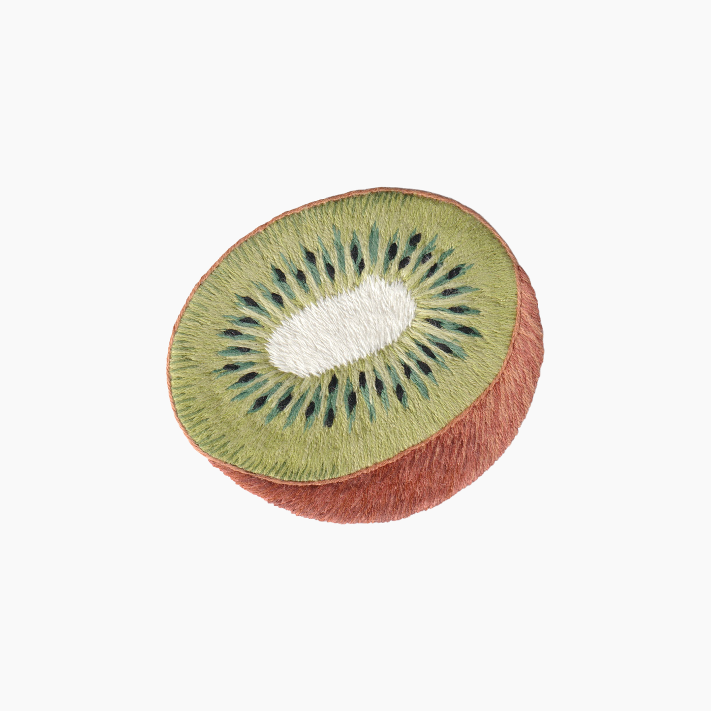 Hand embroidered cotton towel with sliced kiwi fruit on a white background