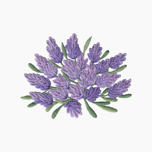 Hand embroidered cotton towel with  design of lavender flowers on a white background