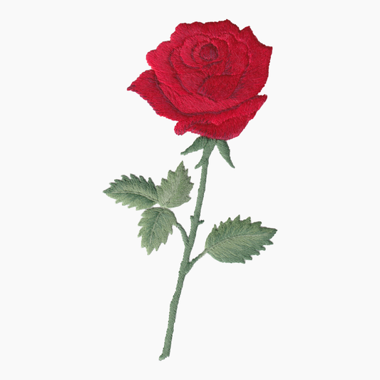 Hand embroidered cotton towel with red rose with green stem and leaves on a white background