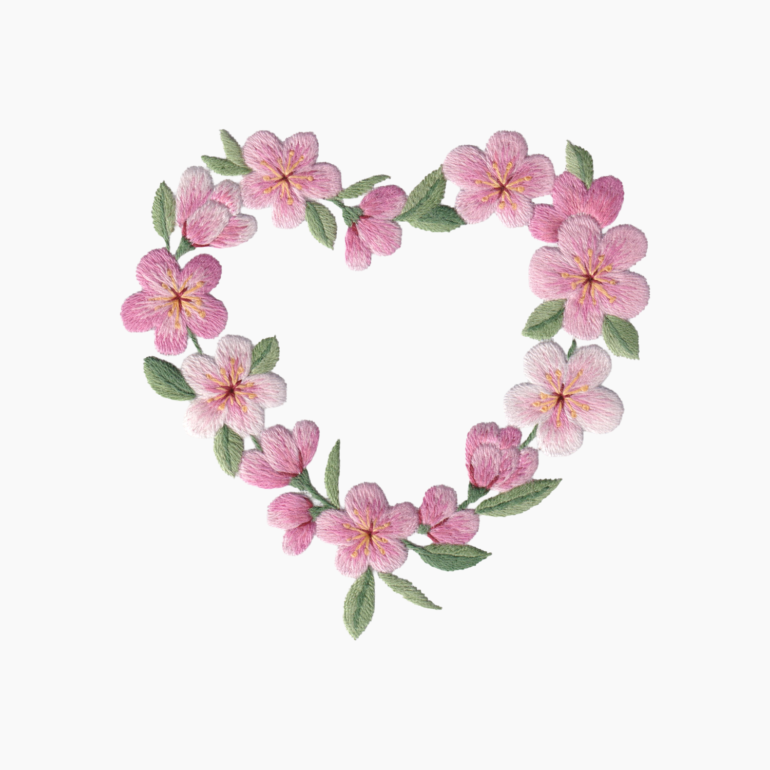 Hand embroidered cotton towel of heart shaped floral wreath with pink sakura flowers and green leaves on a white background