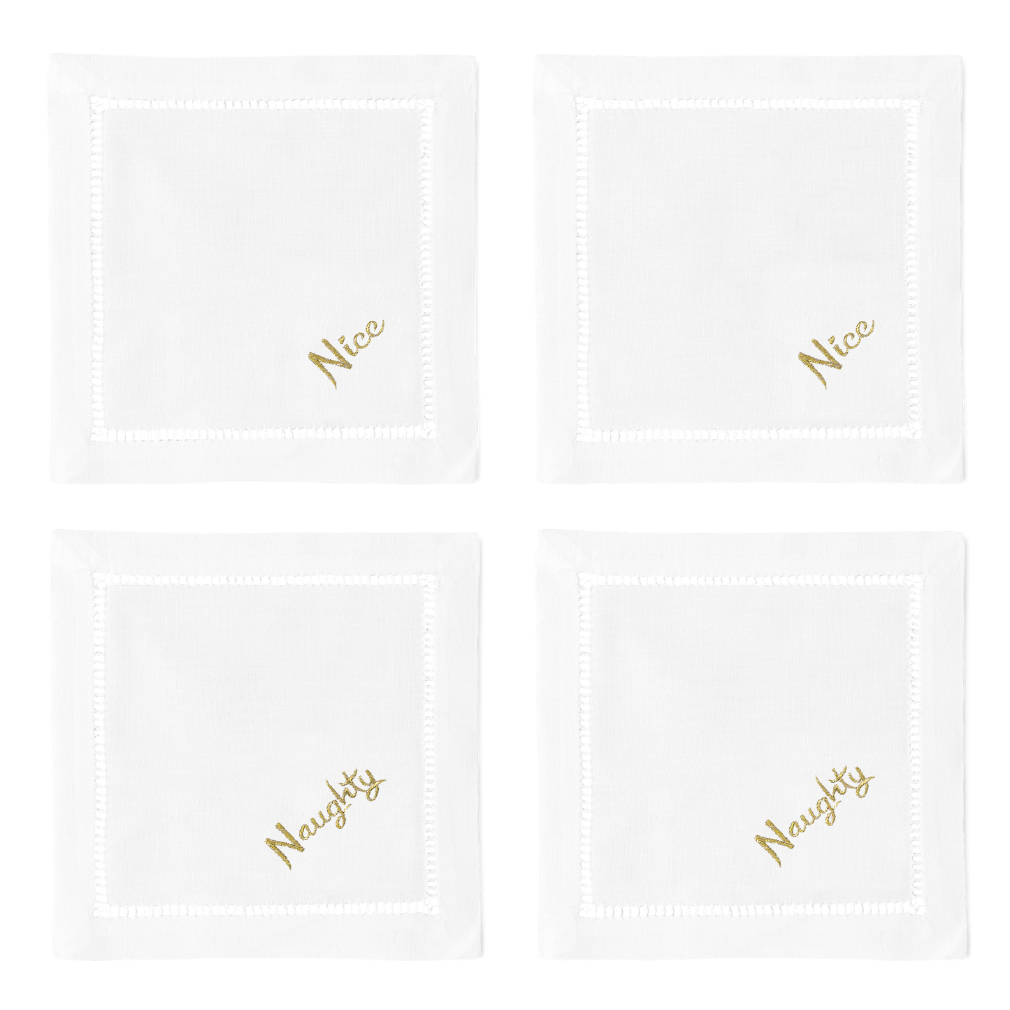 4 white cocktail napkins. Embroidered in the bottom right corner of 2 is the word “naughty”, with “nice” on the other 2
