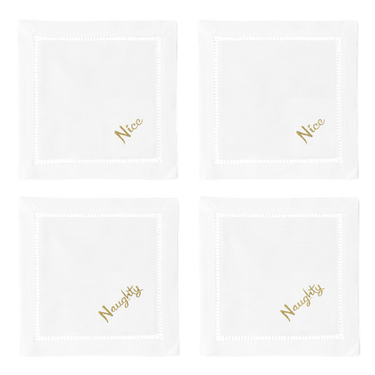 4 white cocktail napkins. Embroidered in the bottom right corner of 2 is the word “naughty”, with “nice” on the other 2