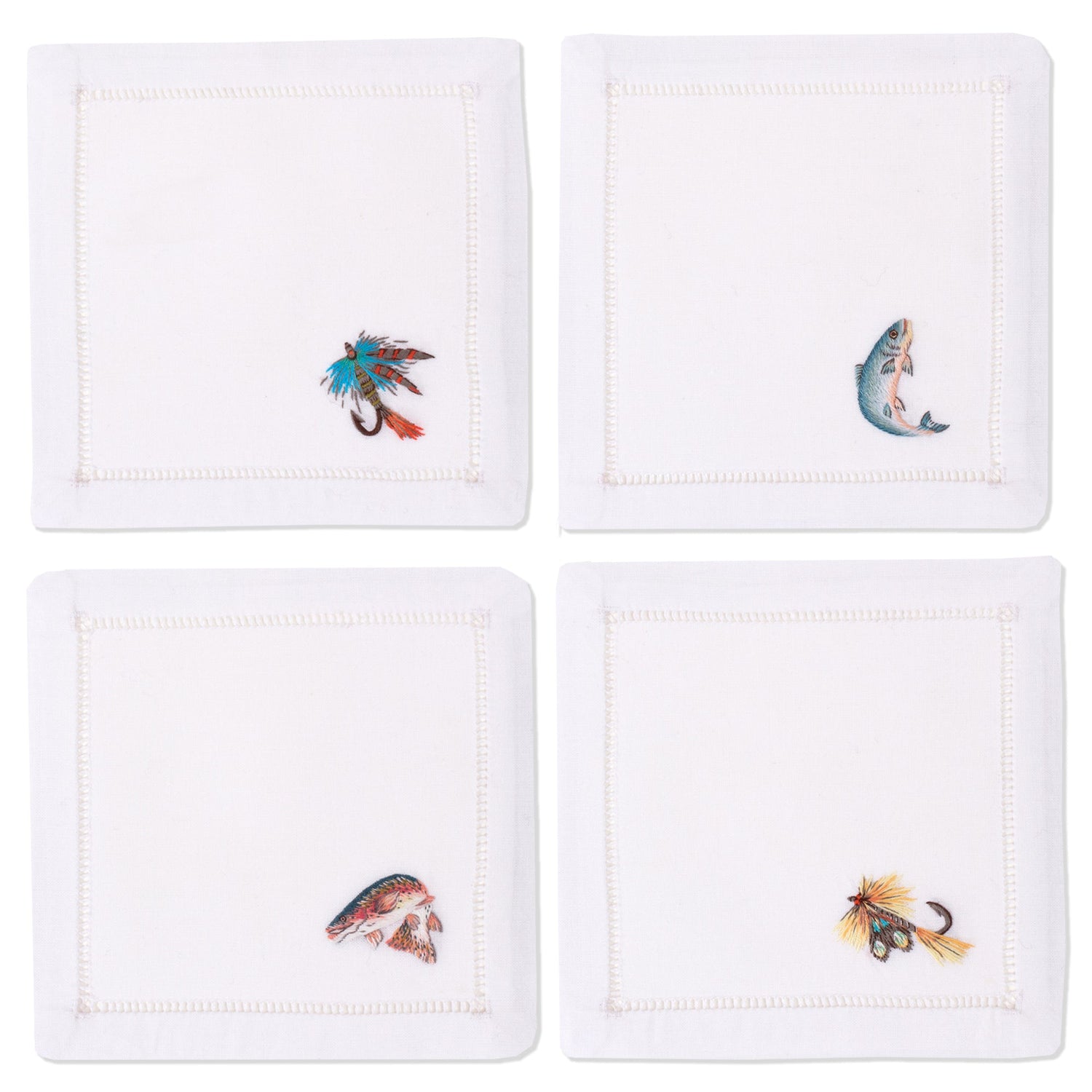 4 white cocktail napkins. Embroidered in the bottom right corner of each is a red fish, a blue fish, a blue lure and a yellow lure.