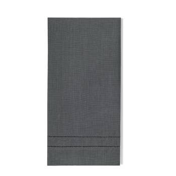 A charcoal linen hand towel with a hemstitch