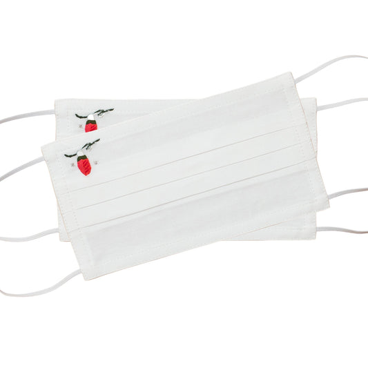 Two facemasks with a red holiday light attached to a string on the top left corner of each