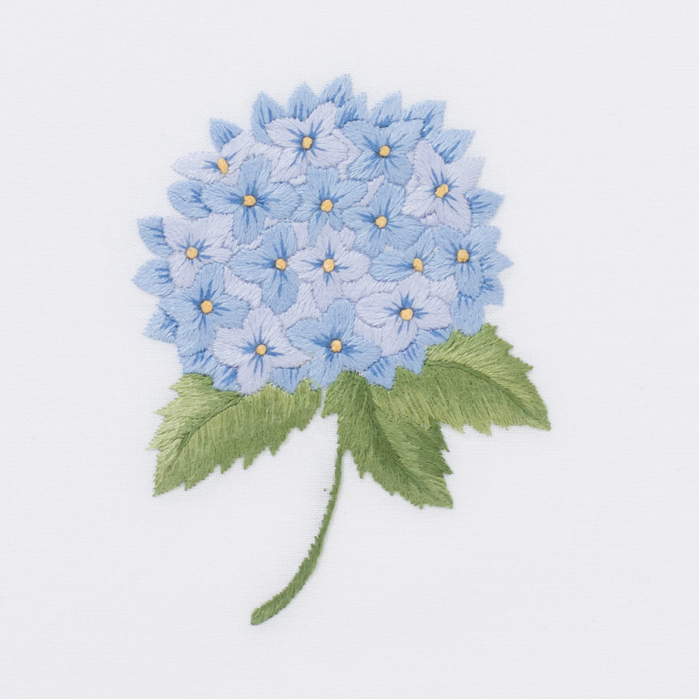 A closeup image of the embroidery - blue hydrangea flowers with a green stem and leaves