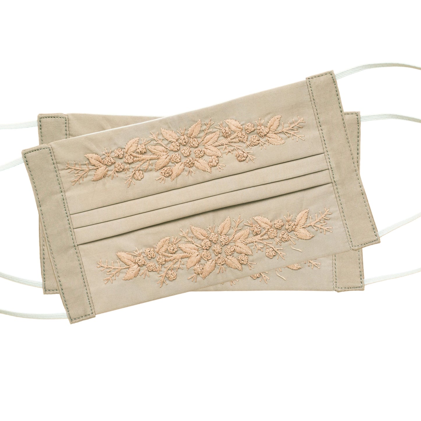 2 taupe facemasks with warm taupe french knot floral embroidery