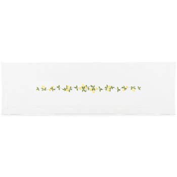 A white table runner with a hemstitch border. A lush vine of lemons runs down the middle