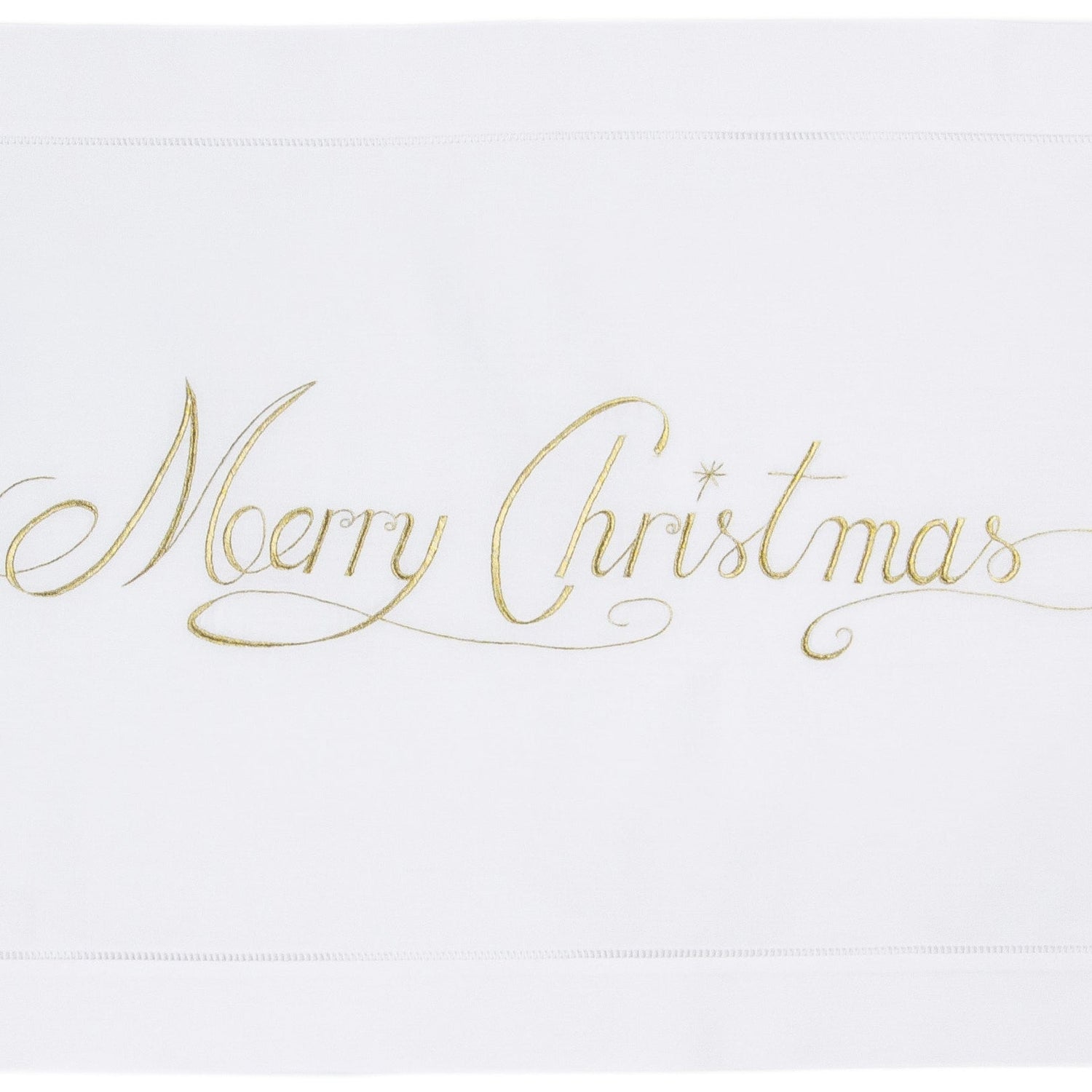 A detailed image of the embroidered words "Merry Christmas" in gold cursive