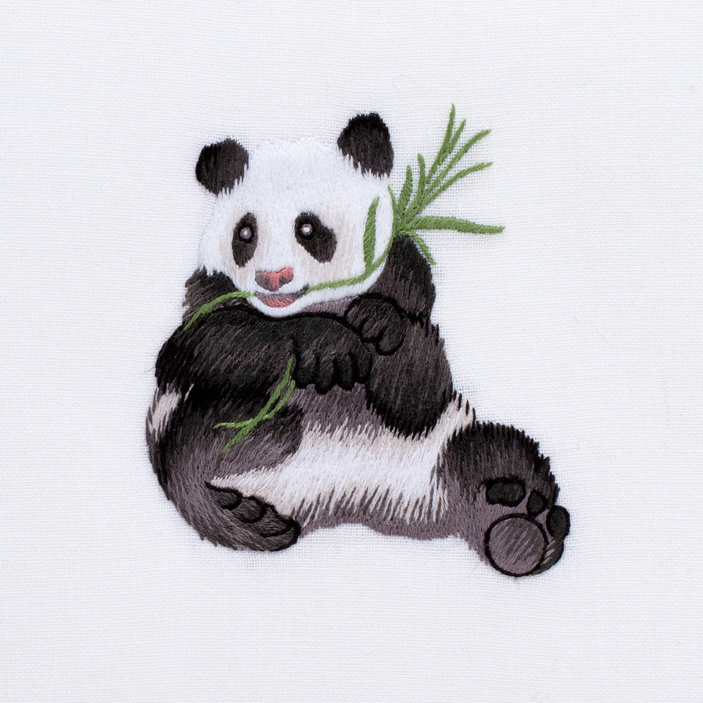 A detailed image of the embroidery - A panda eating bamboo
