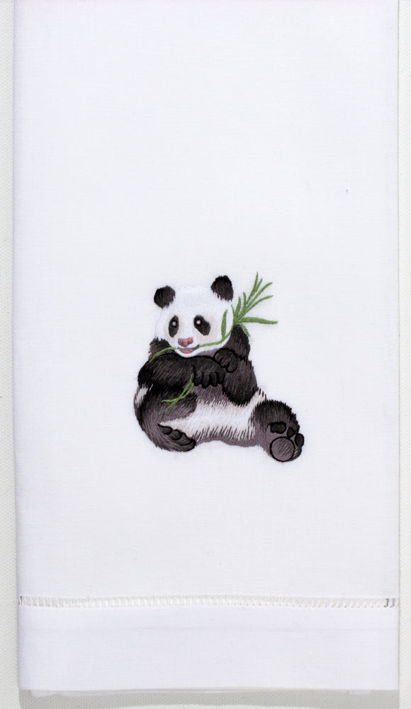 A white hand towel with a hemstitch. A panda is embroidered in the center