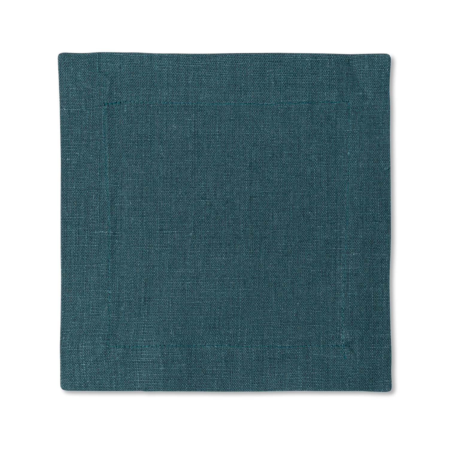 A square linen cocktail napkin in the color peacock