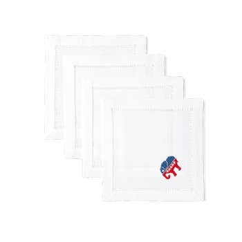 4 white cocktail napkins with a hemstitch border. A republican elephant is embroidered on the bottom right corner of each