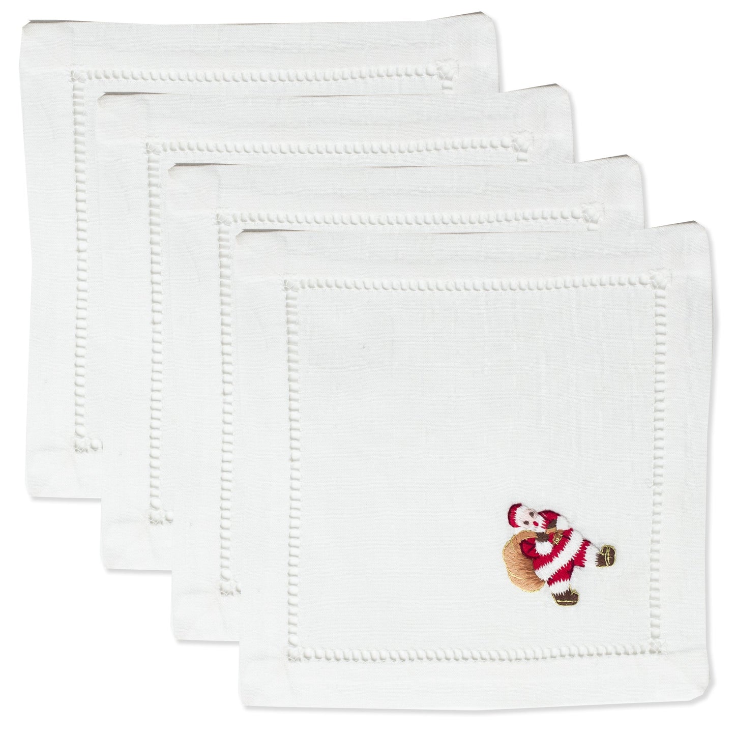4 white cocktail napkins with a hemstitch border. Santa is embroidered on the bottom right corner of each