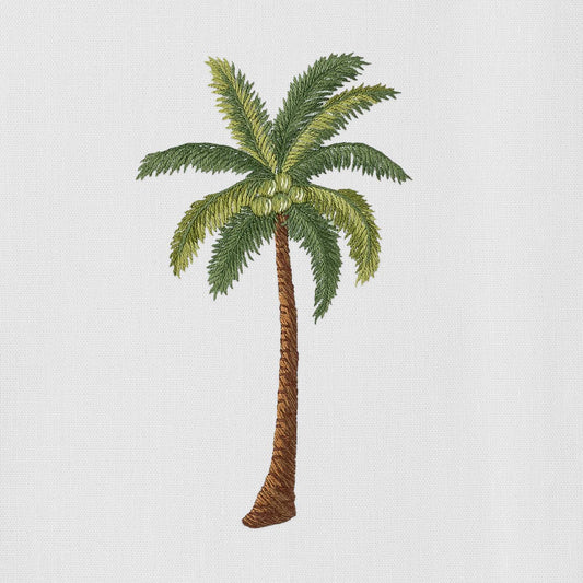 A Palm Tree Modern Hand Towel by Henry Handwork is embroidered on a white background.