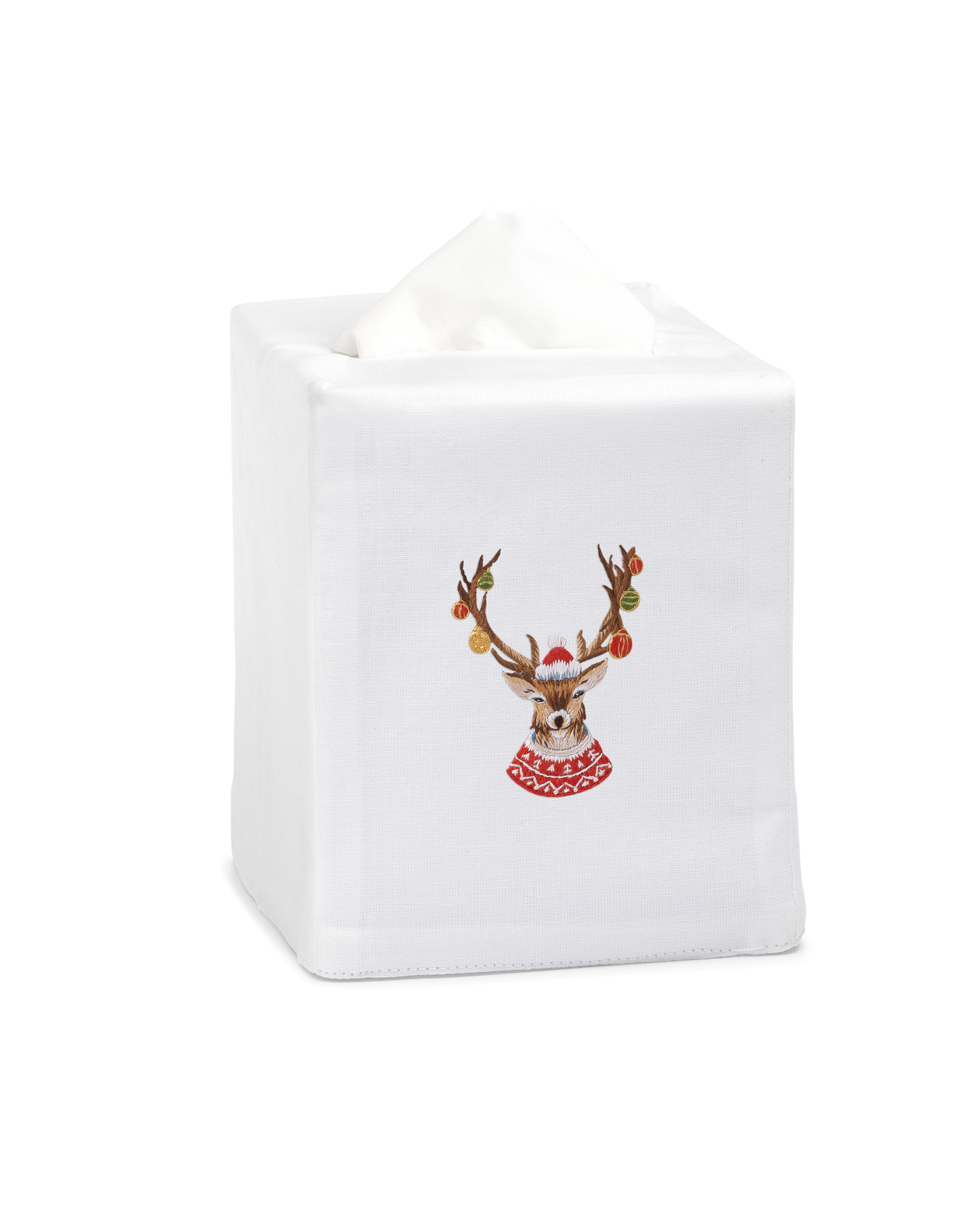 A white tissue cover with a stag with ornaments on his antlers embroidered in the center.