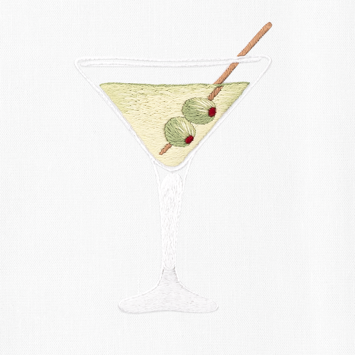 A close up detailed image of the embroidery - A dirty martini with two olives.