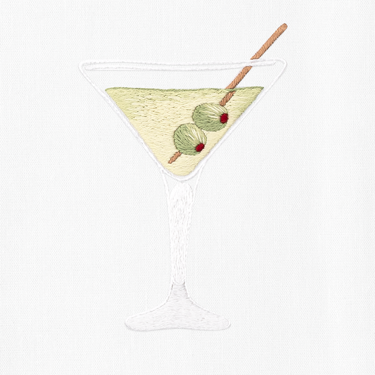 A close up detailed image of the embroidery - A dirty martini with two olives.