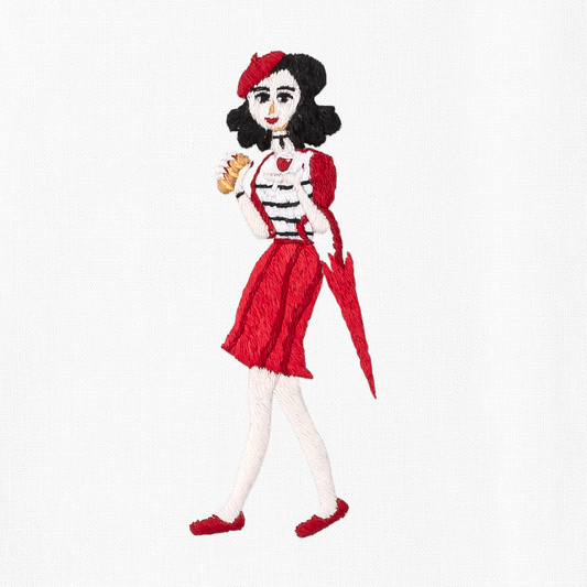 A close up detailed image of the embroidery - A woman in red dress and hat holding a pastry and an umbrella.