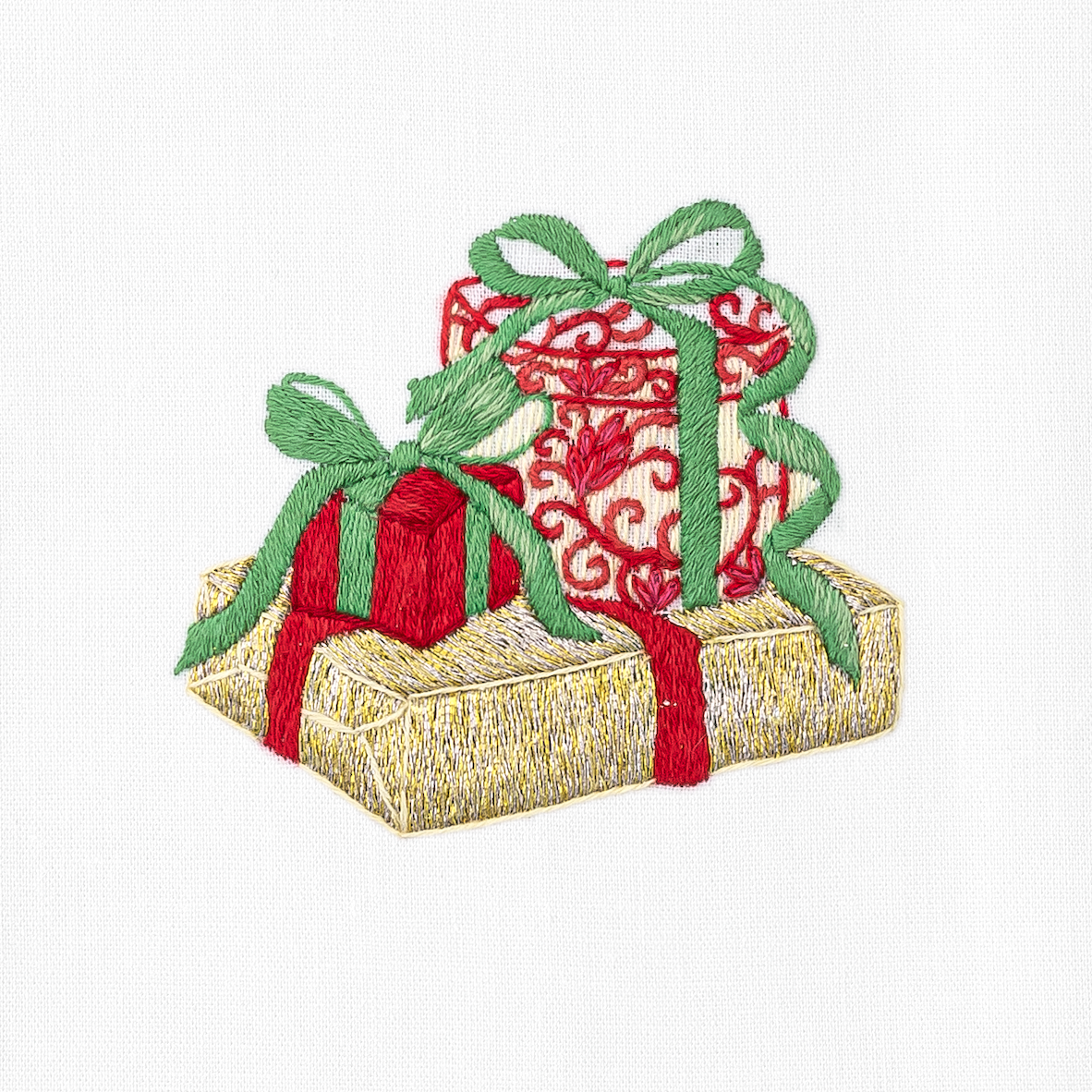 A detailed image of the embroidery -  A stacked trio of glittering christmas gifts in gold, red, and green thread
