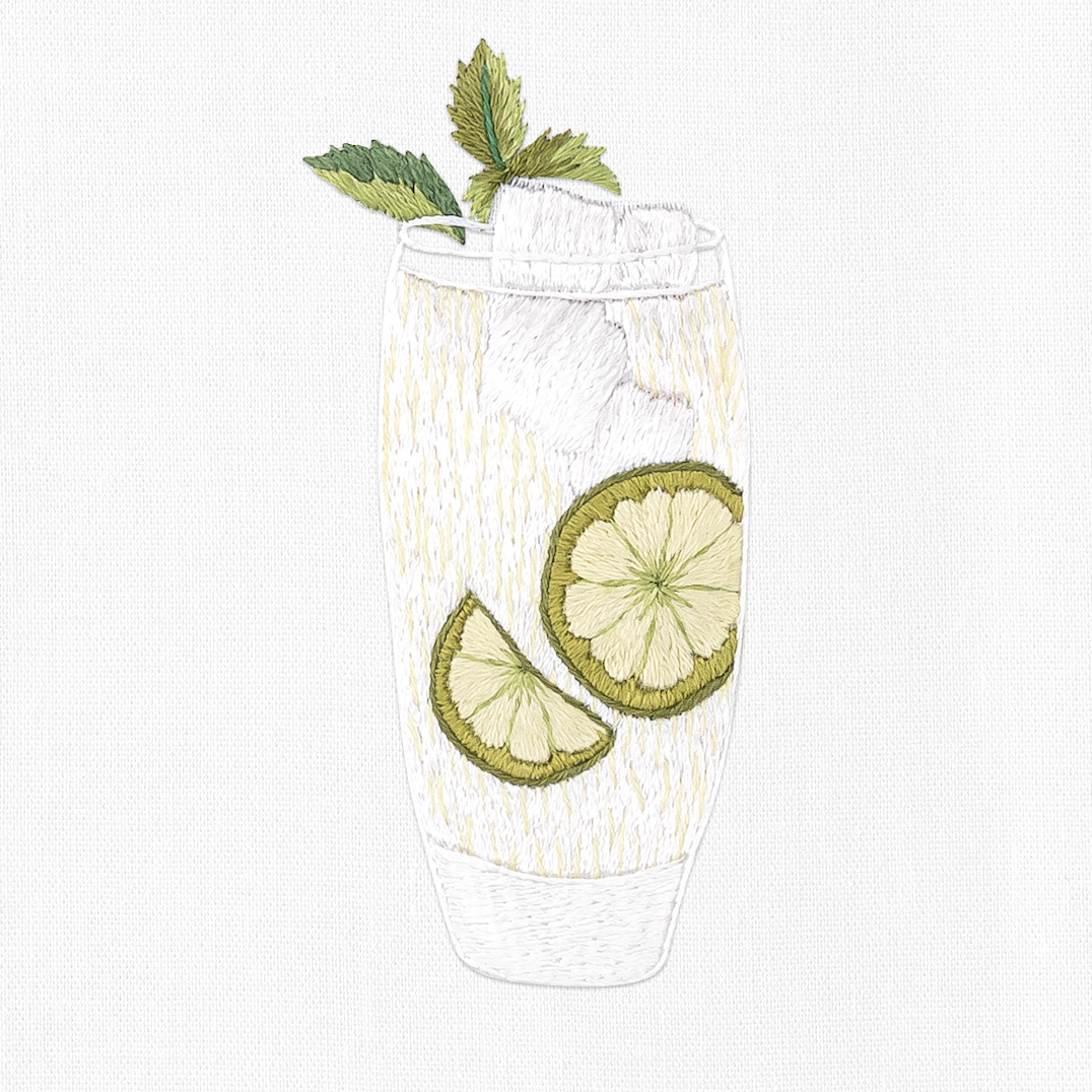 a mojito cocktail with limes inside and a mint sprig garnish
