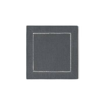 A charcoal linen cocktail napkin with a hemstitch border